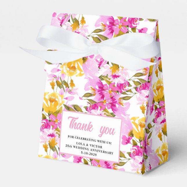 Pink Floral 25th Wedding Anniversary  Favour Box (Front Side)