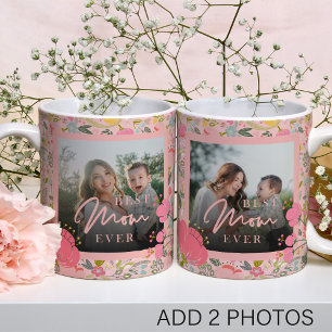 Pink floral 2 photo personalised Mothers Day cute Coffee Mug