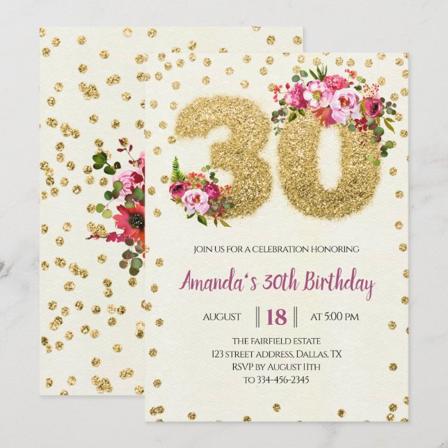 Pink Floral 30th Birthday Invitation (Front/Back)