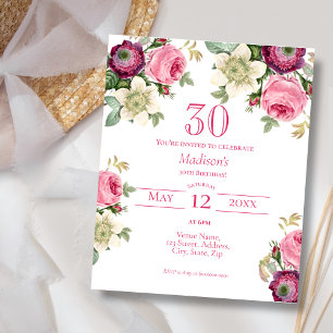 Pink Floral   30th Budget Birthday Invitation