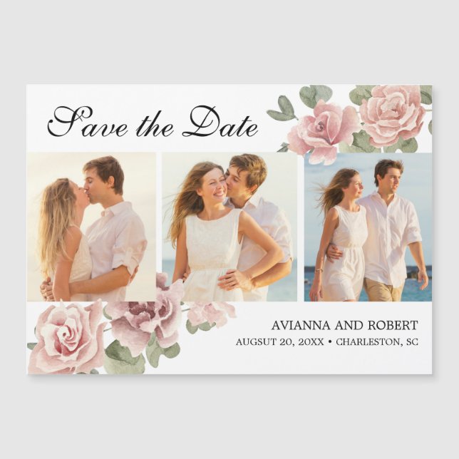 Pink Floral 3 Photo Wedding Magnetic Save the Date (Front)