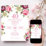 Pink Floral 40th Birthday Invitation<br><div class="desc">Looking for the perfect invitation for your upcoming 40th birthday bash? Look no further than these lovely pink floral invitations! With a delicate and beautiful design featuring pretty watercolor roses, anemones, and clematis with elegant font, these invitations will impress all your guests. Available to customise and purchase as card invitations,...</div>
