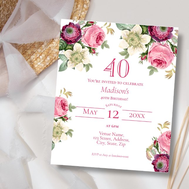 Pink Floral | 40th Budget Birthday Invitation (Creator Uploaded)