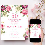Pink Floral 50th Birthday Invitation<br><div class="desc">Looking for the perfect invitation for your upcoming 50th birthday bash? Look no further than these lovely pink floral invitations! With a delicate and beautiful design featuring pretty watercolor roses, anemones, and clematis with elegant font, these invitations will impress all your guests. Available to customise and purchase as card invitations,...</div>
