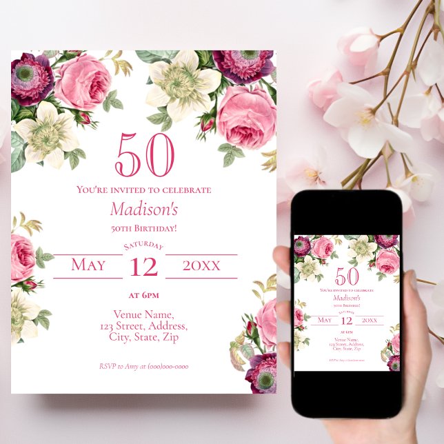 Pink Floral 50th Birthday Invitation (Creator Uploaded)