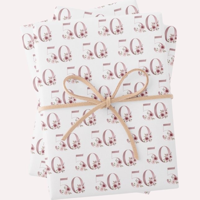 Pink Floral 50th Birthday Wrapping Paper Sheet (Creator Uploaded)