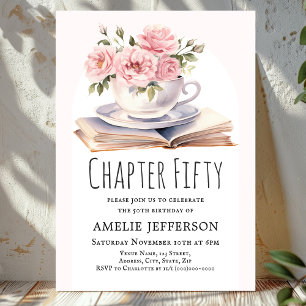 Pink Floral 50th Book Theme Birthday  Invitation