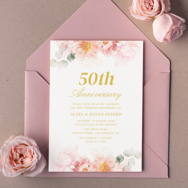 pink floral 50th wedding anniversary invitation (Creator Uploaded)