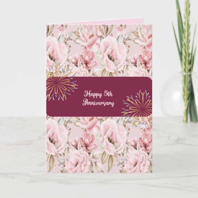 Pink Floral 5th Anniversary Card for Spouse (Front)
