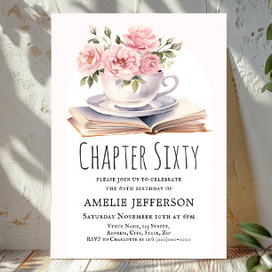 Pink Floral 60th Book Theme Birthday  Invitation