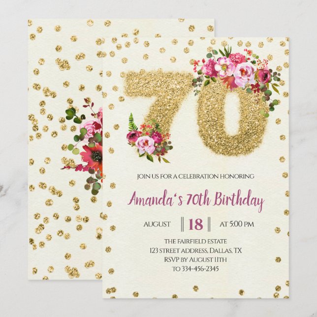 Pink Floral 70th Birthday Invitation (Front/Back)