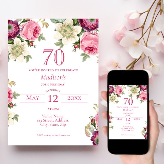 Pink Floral | 70th Birthday Invitation (Creator Uploaded)