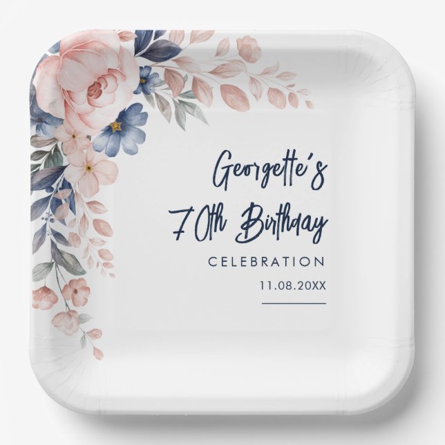Pink Floral 70th Birthday Party Botanical  Paper Plate (Front)
