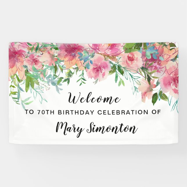 Pink Floral 70th Birthday Party Welcome Banner (Horizontal)
