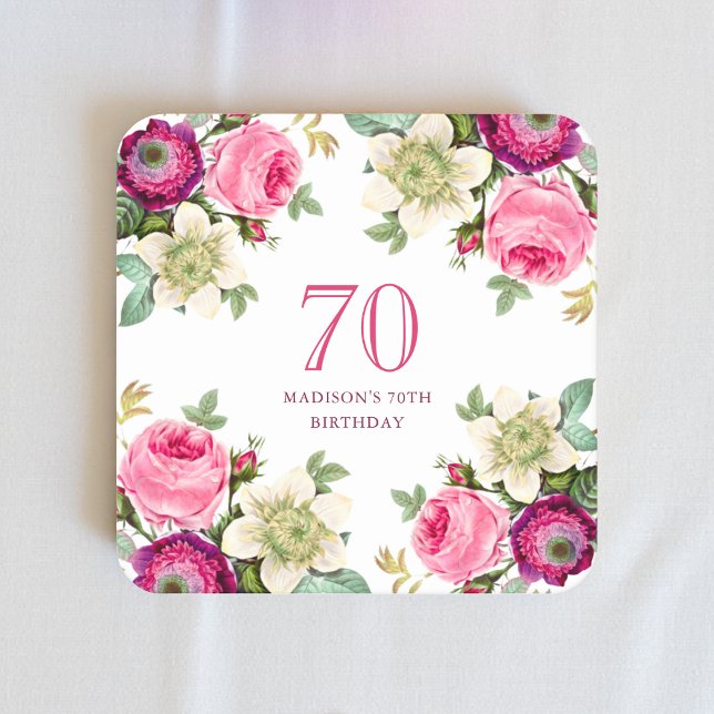 Pink Floral 70th Birthday  Square Paper Coaster (Creator Uploaded)