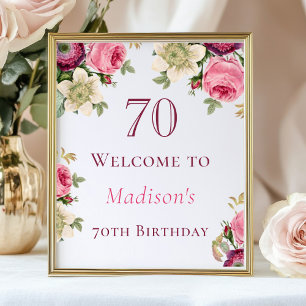 Pink Floral 70th Birthday Welcome Sign