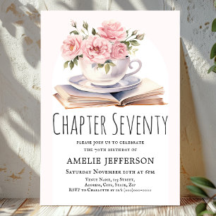 Pink Floral 70th Book Theme Birthday Invitation