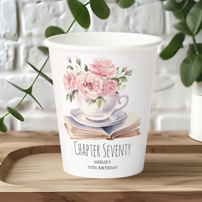 Pink Floral 70th Book Theme Birthday  Paper Cups (Creator Uploaded)