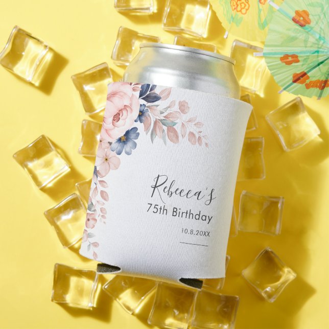 Pink Floral 75th Birthday Party Can Cooler (In Situ Summer)