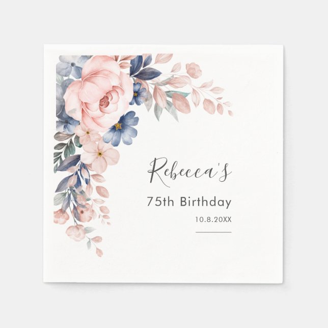 Pink Floral 75th Birthday Party Paper Napkin (Front)
