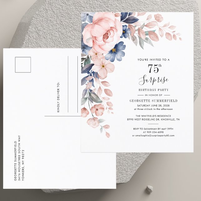 Pink Floral 75th Surprise Birthday Invitation (Pink Floral 75th Surprise Birthday Invitation)