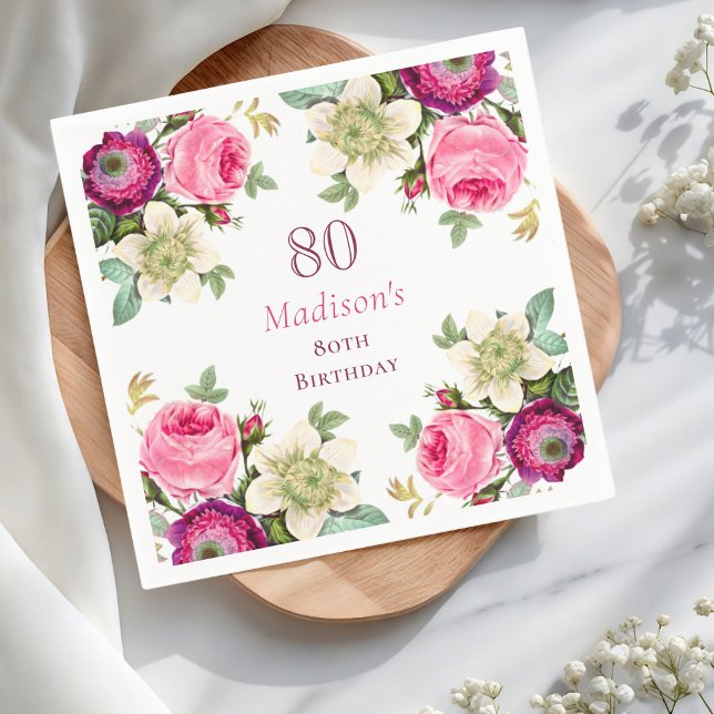 Pink Floral 80th Birthday  Napkin (Creator Uploaded)