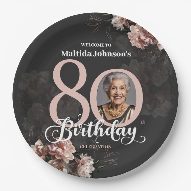 Pink Floral 80th Birthday Paper Plate (Front)