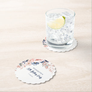 Pink Floral 80th Birthday Party Script Paper Coaster