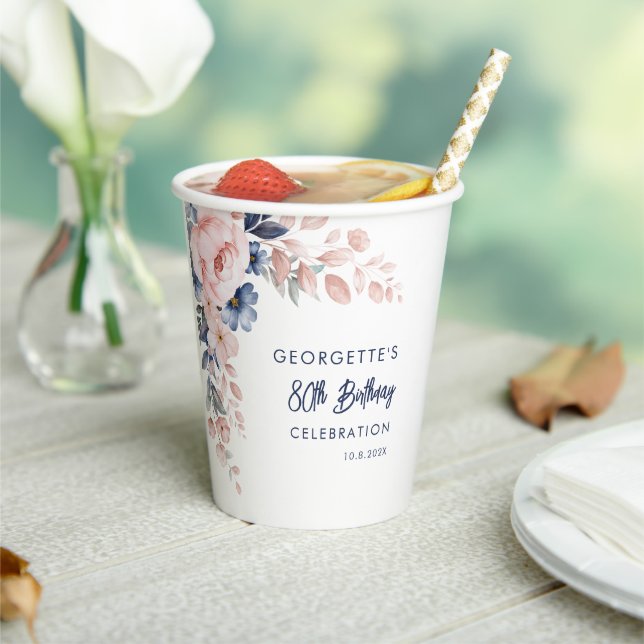 Pink Floral 80th Birthday Party Script Paper Cups (Insitu)