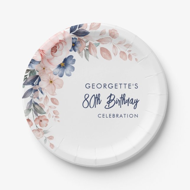 Pink Floral 80th Birthday Party Script Paper Plate (Front)