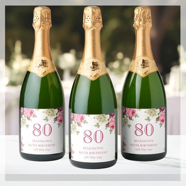 Pink Floral 80th Birthday Party Sparkling Wine Label (Creator Uploaded)