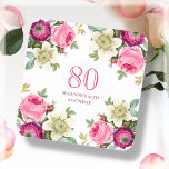 Pink Floral 80th Birthday  Square Paper Coaster<br><div class="desc">Pink Floral 80th Birthday party coasters.</div>