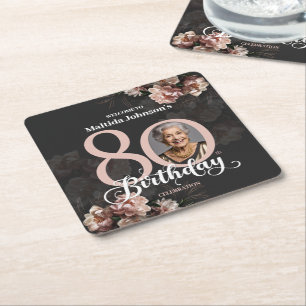 Pink Floral 80th Birthday Square Paper Coaster