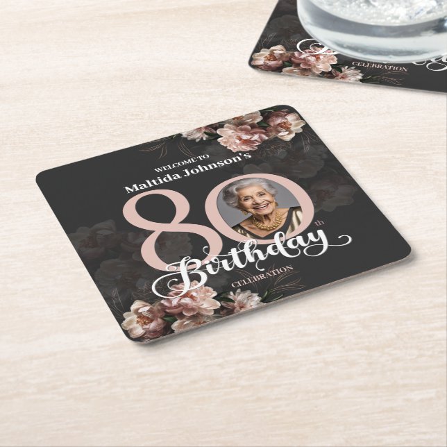 Pink Floral 80th Birthday Square Paper Coaster (Angled)