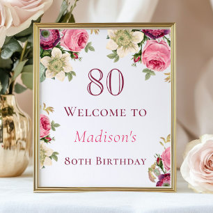Pink Floral 80th Birthday Welcome Sign
