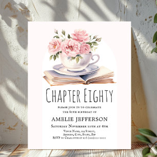 Pink Floral 80th Book Theme Birthday Invitation