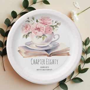 Pink Floral 80th Book Theme Birthday Paper Plate