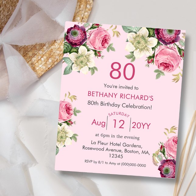 Pink Floral | 80th Budget Birthday Invitation (Creator Uploaded)