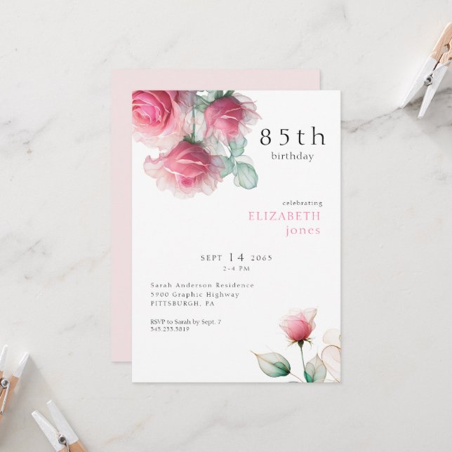 Pink Floral 85TH Birthday Party Invitation (Front/Back In Situ)