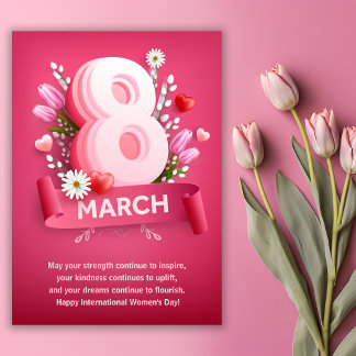 Pink Floral 8 March International Womens Day Holiday Card