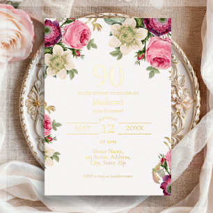 Pink Floral 90th Birthday Gold