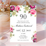 Pink Floral 90th Birthday Invitation<br><div class="desc">Looking for the perfect invitation for your upcoming 90th birthday bash? Look no further than these lovely pink floral invitations! With a delicate and beautiful design featuring pretty watercolor roses, anemones, and clematis with elegant font, these invitations will impress all your guests. Available to customise and purchase as card invitations,...</div>