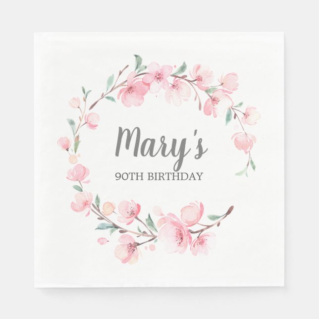 Pink Floral 90th Birthday Napkin (Front)
