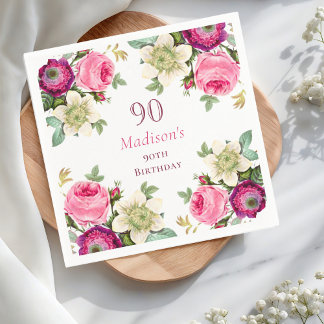 Pink Floral 90th Birthday Napkin