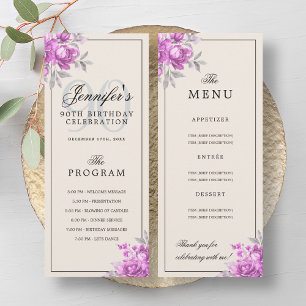 Pink Floral 90th Birthday Party Program Menu  Invitation