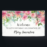 Pink Floral 90th Birthday Party Welcome Banner<br><div class="desc">Beautiful flowers create a stunning 90th birthday party welcome banner. A gorgeous combination of bright pink peonies with lots of greenery with assorted vines and leaves make it a very modern floral design. It has a bit of a Boho Chic vibe, because of the dangling vines and leaves. This bridal...</div>