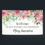 Pink Floral 90th Birthday Party Welcome Banner<br><div class="desc">Beautiful flowers create a stunning 90th birthday party welcome banner. A gorgeous combination of bright pink peonies with lots of greenery with assorted vines and leaves make it a very modern floral design. It has a bit of a Boho Chic vibe, because of the dangling vines and leaves. This bridal...</div>