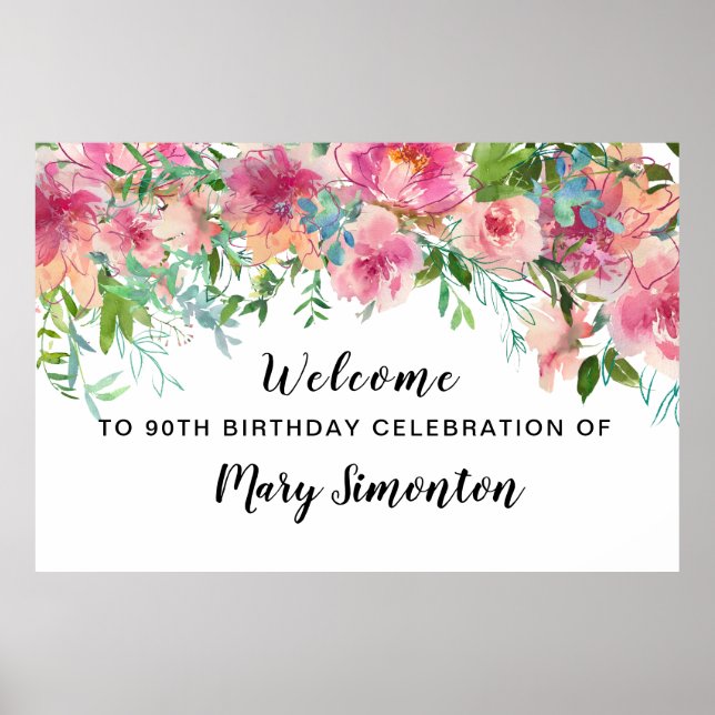 Pink Floral 90th Birthday Party Welcome Poster (Front)
