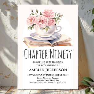 Pink Floral 90th Book Theme Birthday  Invitation