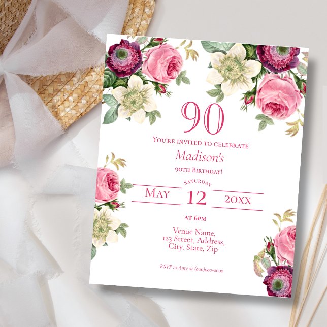 Pink Floral | 90th Budget Birthday Invitation (Creator Uploaded)